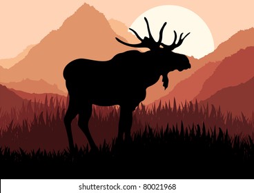 Animated moose in wild nature landscape illustration