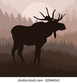 Animated moose in wild nature landscape illustration