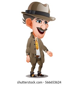 Animated moustached man in hat smiling isolated on a white background. Cartoon vector illustration close-up.