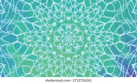 Animated neon kaleidoscope pattern with a mesmerizing abstract geometric design in teal and green, Abstracts Twirls Kaleidoscope A, Stock royalty.