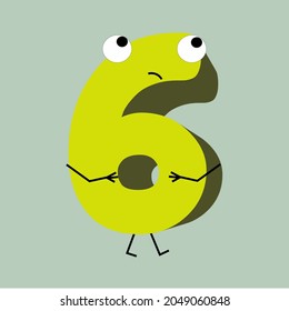 Animated number, cartoony character with funny expression, six