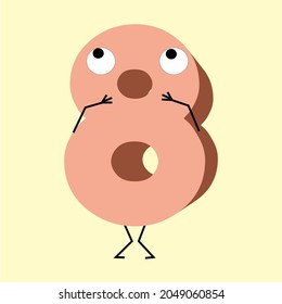 Animated number, cartoony character with funny expression, eight
