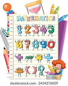 Animated numbers and teacher on a notebook background.
