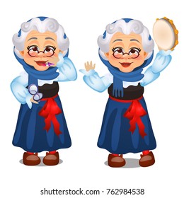 Animated old lady, lipstick, dances with a tambourine isolated on white background. Second wind. Sketch of festive poster, party invitation, holiday card. Vector cartoon close-up illustration.