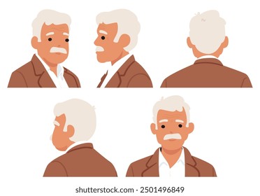 El Anciano Animado En Diferentes Vistas Incluye Perfiles Delanteros, Laterales Y Traseros, Que Muestran Las Características Del Personaje Masculino Senior. Ilustración vectorial De Dibujos Animados Para Proyectos De Animación, Narración Y Diseño