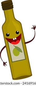Animated olive oil bottle with smiling face, arms, and legs. Happy character design for healthy eating concept. Cheerful food mascot vector illustration.
