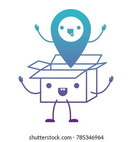 animated opened kawaii cardboard box with kawaii map pointer on top in degraded blue to purple color contour