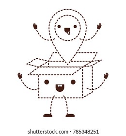 animated opened kawaii cardboard box with kawaii map pointer on top in monochrome dotted silhouette
