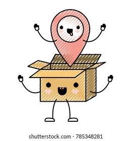 animated opened kawaii cardboard box with kawaii map pointer on top in colored crayon silhouette