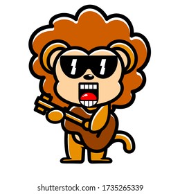 the animated orange lion cartoon mascot plays the guitar and uses glasses