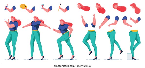 Animated Overweight Female Character Flat Cartoon Vector Illustration. Artist Or Painter Creation Set With Various Views, Poses And Gestures. Woman Holding Wine, Glass, Brush, Palette Paints.