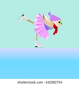Animated owl skater on ice. Vector illustration