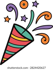 Animated party popper exploding with colorful stars and swirls isolated on transparent background