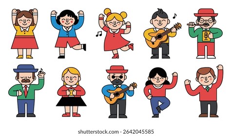 Animated People Performing Various Activities and Musical Instruments on White Background
