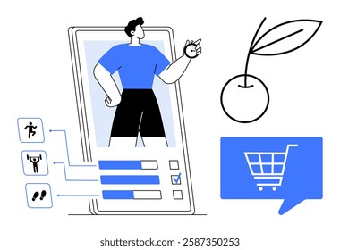 Animated person on mobile screen with health tracking icons, exercise activities, cherry, and shopping cart. Ideal for fitness, wellness, nutrition tracking, e-commerce, mobile apps, health