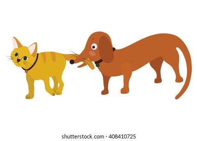 Animated picture on white background best friends - cat and dog, vector illustration