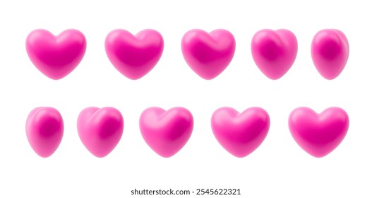 Animated pink heart sequence sprite sheet. Rotation vector heart set. 3D love symbol turn around for video effect. Spin glossy heart Valentine, wedding, love letter. Realistic illustration on white