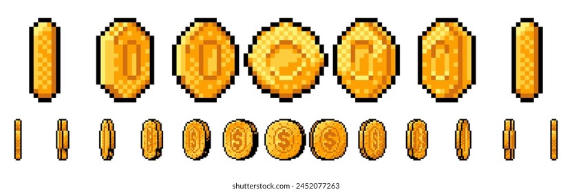 Animated pixel gold coin for 8-bit retro video game. Golden dollar cent 360 spinning animation loop frames, money for arcade gaming isolated vector illustration set