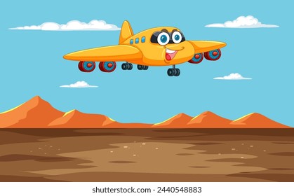 Animated plane with face flying above desert landscape