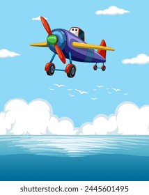 Animated plane flying above reflective water