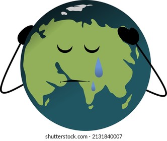 The animated planet is crying and holding its head. Negative emotions. Fear. Misunderstanding