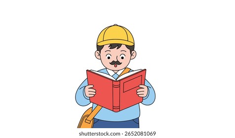 Cartaz animado com chapéu duro lendo um livro vermelho com pasta e mala de correio