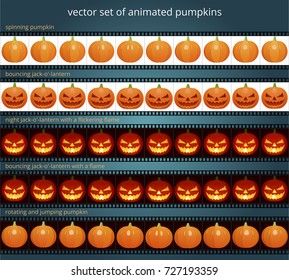 Animated pumpkins. Vector set of films with a looped animation of glossy pumpkin and jack-o'-lantern. Carved Halloween symbol bounces with a flickering flame inside. Elastic vegetables turns and jumps