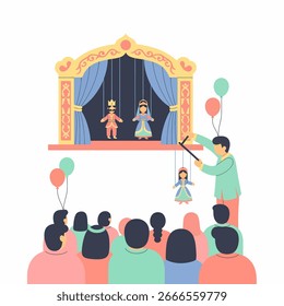 Animado show de marionetes com figuras do rei e da rainha, controlado pelo marionetista, realizado para o público.