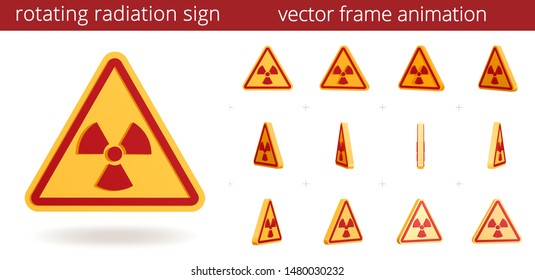 Animated radiation sign. Vector sequence of frames for animation. Looped motion. Sprite sheet. 12 frames per second. 3D rotating icon of nuclear power, radionuclide diagnosis or radiation hazard