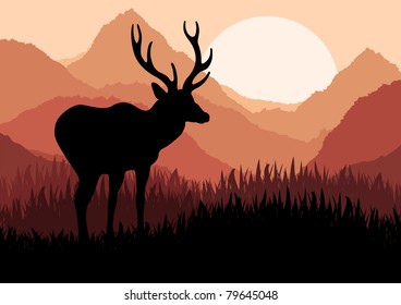 Animated rain deer in wild nature landscape illustration