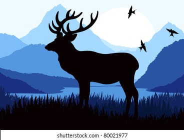 Animated Rain Deer In Wild Nature Landscape Illustration