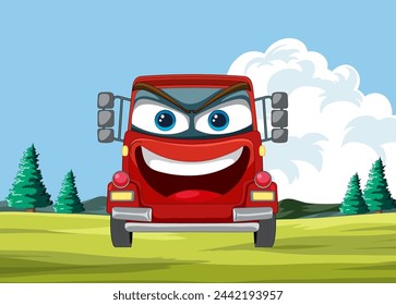 Animated red car with a big smile in nature