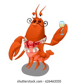 Animated Red Lobster Delivers A Holiday Toast With A Glass Of Wine In Claws Isolated On White Background. Vector Cartoon Close-up Illustration.