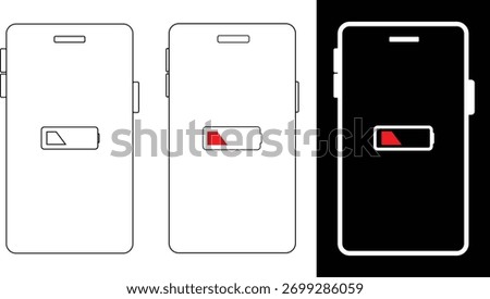 Animated red low battery icon on phone. Mobile phone with low battery icon in vector.