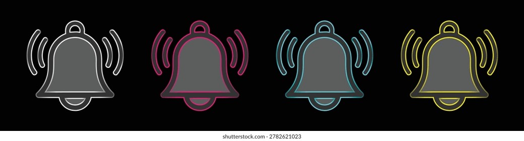 Animated ringing bell icons with bright outlines in white, magenta, cyan, and yellow, perfect for active notifications.