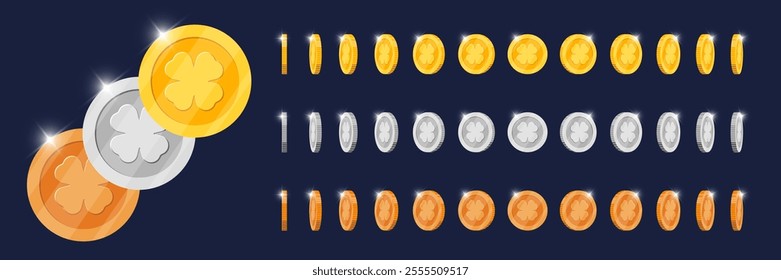 Animated rotation gold, silver, bronze coins for video game app. Lucky token with four leaf clover symbol different viewpoints spinning. Metal achievement icon motion. Flat 3D currency visualization