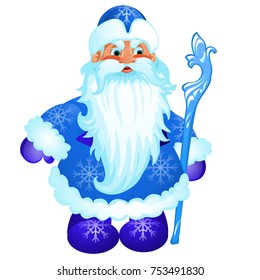 Animated Santa Claus in blue Christmas costume with ice stick isolated on white background. Sample of poster, party invitation and other card. Vector cartoon close-up illustration.