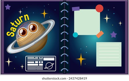 Animated Saturn character inside an open notebook