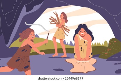 Animated Scene Depicting Stone Age Life With People Engaged In Traditional Activities Such As Fire Making And Gathering Wood Inside A Cave Surrounded By Nature Highlighting A Prehistoric Lifestyle