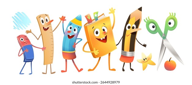 Animated School Supplies Characters with Fun and Friendly Faces. Anthropomorphic characters pencil, book, and eraser. Colorful children preschool education characters vector cartoon illustration.