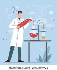 Animated scientist conducting an experiment in a lab, flat graphic style, on a blue background, concept of research. Flat vector illustration