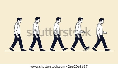 Animated sequence of a man walking forward with a subtle stumble and recovery in his gait