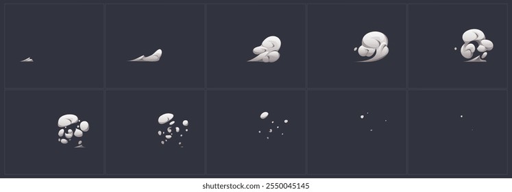 Animierte Sequenz, die Geschwindigkeit Staubwolke Bewegung und Ableitung zeigt. Dynamische Rahmen erfassen die Bildung ausgehend von winzigen Teilchen, die zu wirbelnder Masse heranwachsen, bevor sie sich in zerstreute Teilchen zerstreuen.