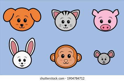 Animated Set Of Cute Animal Faces Namely Dog, Cat, Pig, Rabbit, Monkey And Mouse On Light Blue Background