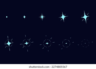 Animated shine concept in the flat cartoon design on a dark background. Images of starlight of different intensities. Vector illustration.