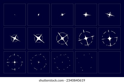 Efecto de brillo animado, animación del icono del juego de la función de la función de la función de la función de la función de la función de la función de la función de la función de la máquina. Escandalas de estrella vectora, hoja de marco de secuencia de movimiento de brillo o flash mágico 2d. Escala de tiempo de movimiento de las gafas de brillo, diseño gráfico de explosión energética