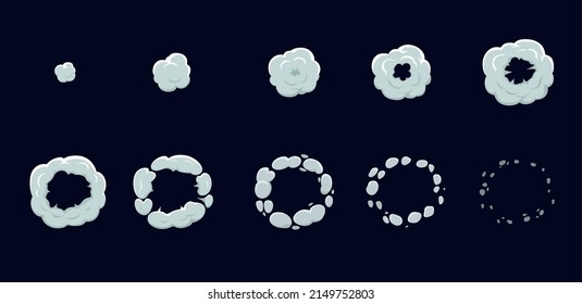 Animated Smoke Explosion Cloud, Animation Of Game Sprite, Vector Cartoon Effect. Animated Boom And Bomb Explode Blasts With Puff And Steam Or Powder Smoke Explosion Shot For Comics Art Animation