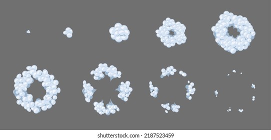 Animated Smoke Explosion Cloud, Animation Of Game Sprite. Cartoon Effect Of Bomb Explosion With Vector Clouds Of Smoke, Dust And Steam. Animation Frame Or Sprite Sheet Of Comic Boom, Blast And Puff