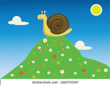 Animated snail. He climbed a hill on a clear sunny day. Flowers.Snail Cartoon.