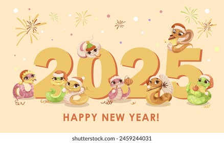 Animated snakes celebrating the New Year 2025 on a beige background with fireworks and confetti, vector illustration. Vector illustration